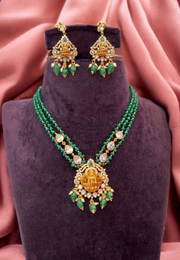 Beautiful beads mala with morganite stones god laxmi motive locket -victoria polish three layer beads mala